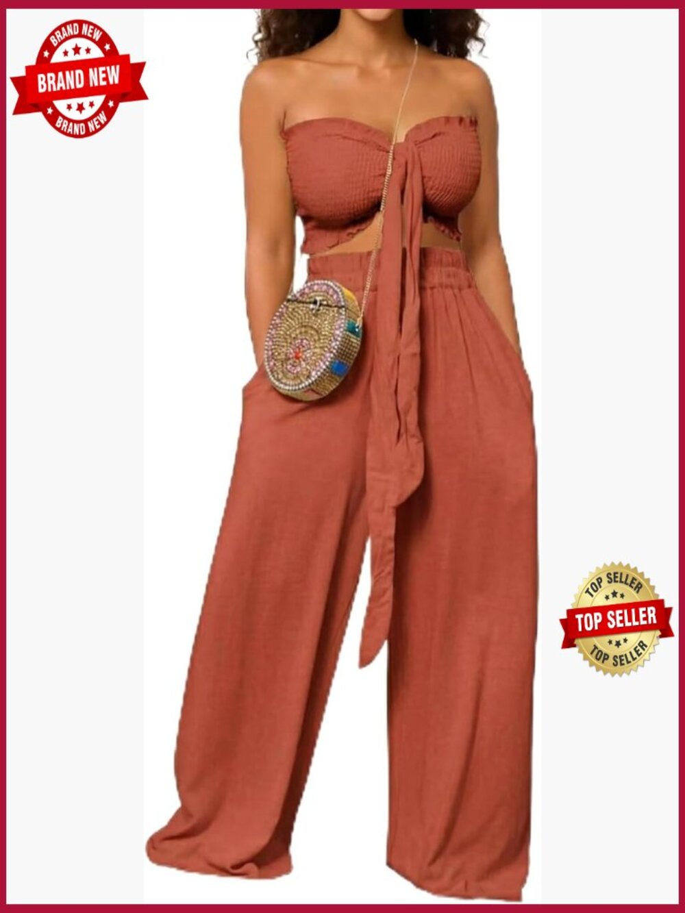 Womens 2 Piece Sets Summer Vacation Outfits Tie Front Crop Top Wide Leg Pants